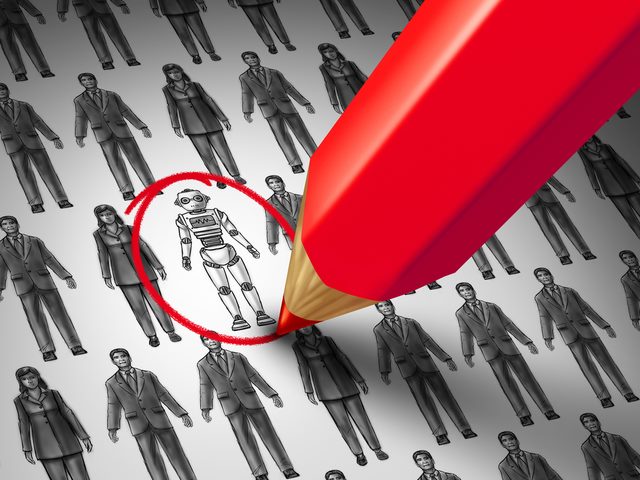 A page with men and women and one robot. A red pencil circles the robot - AI job loss concept