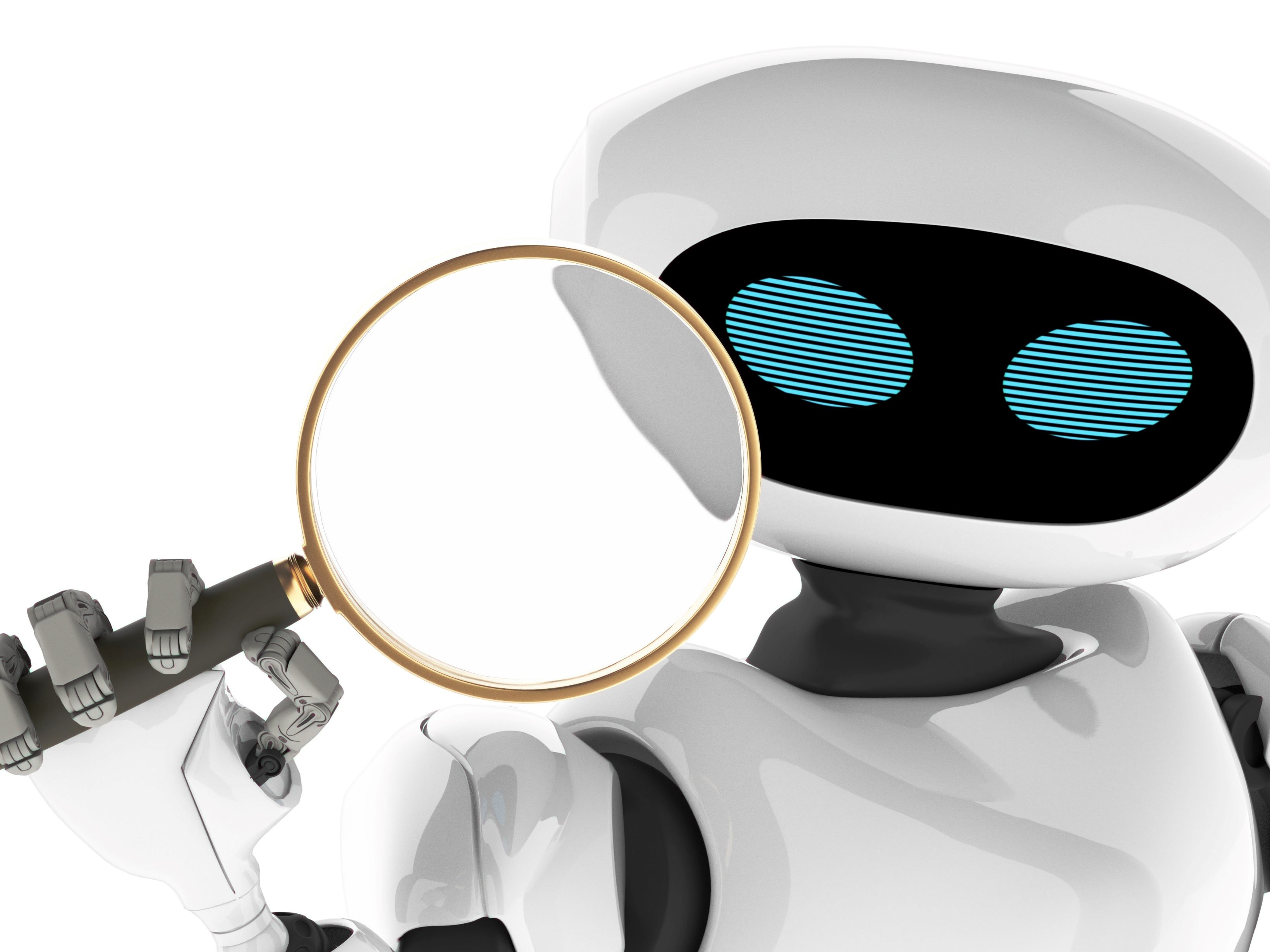 White robot with black face and neck and egg shaped blue eyes holds a magnifying glass in front of him and looks through it.