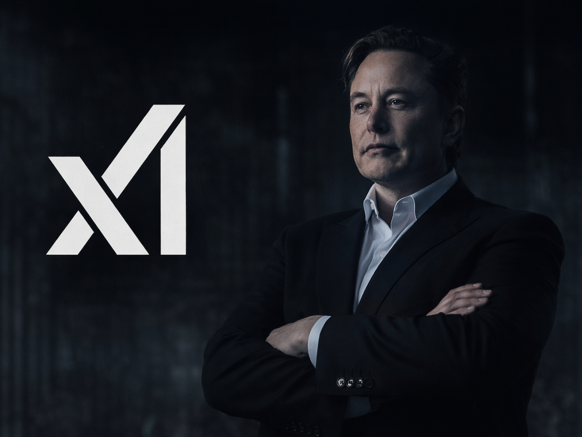 Elon Musk standing next to the xAI logo