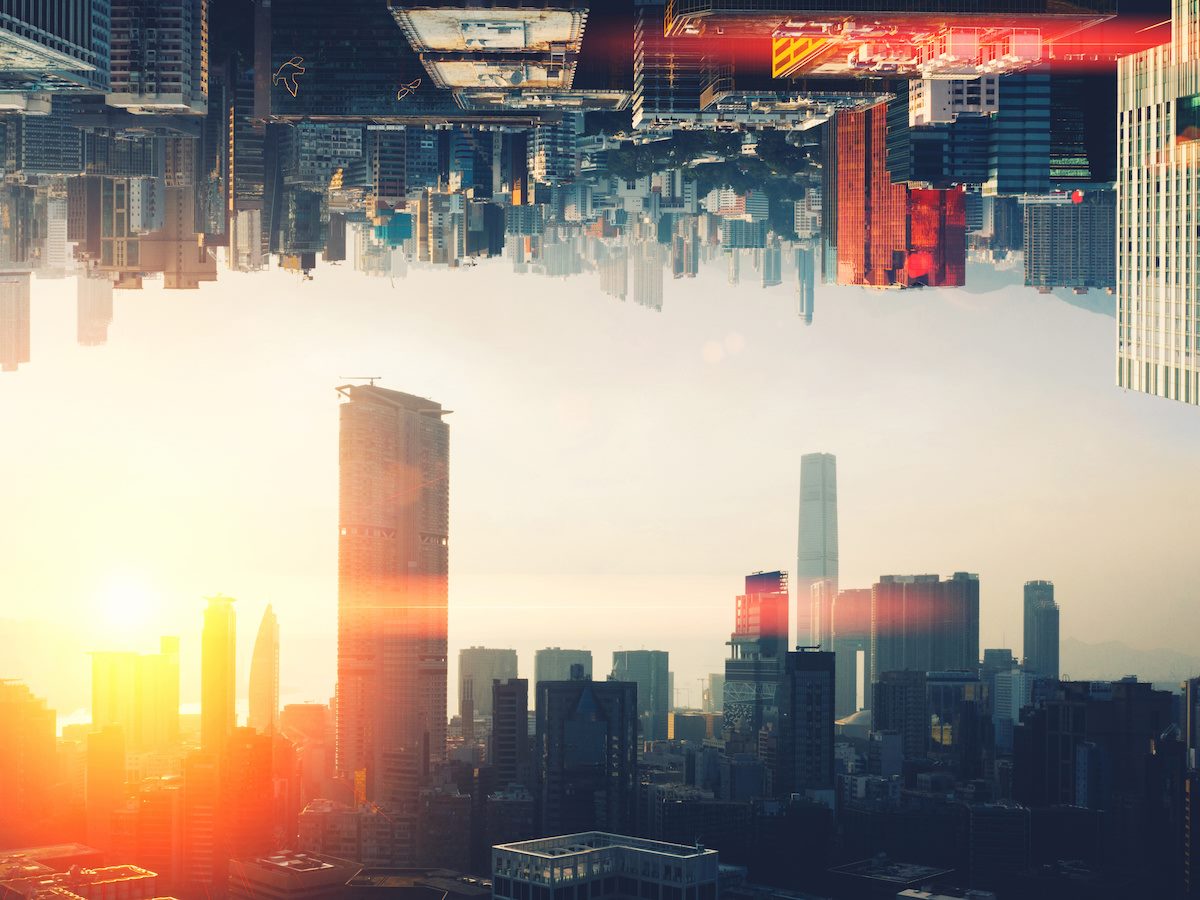 Futuristic multiverse world concept. Downtown with skyscrapers skyline under and cityscape over