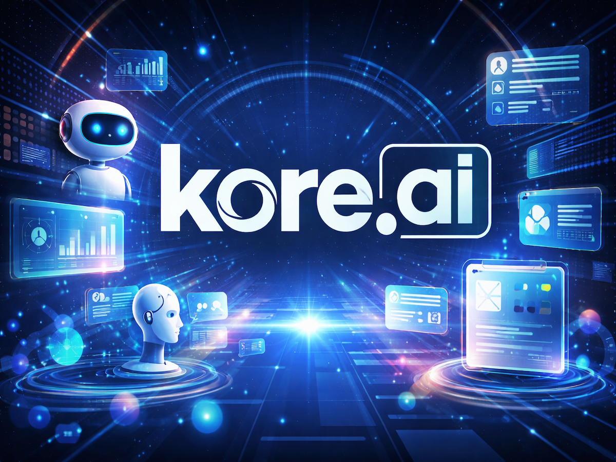 Kore.ai logo surrounded by computer screens and robot