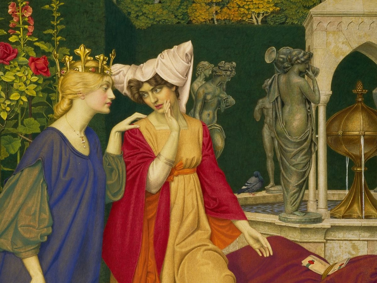 two women whispering, a segment from the painting Changing the Letter, 1908, by Joseph Edward Southall.  