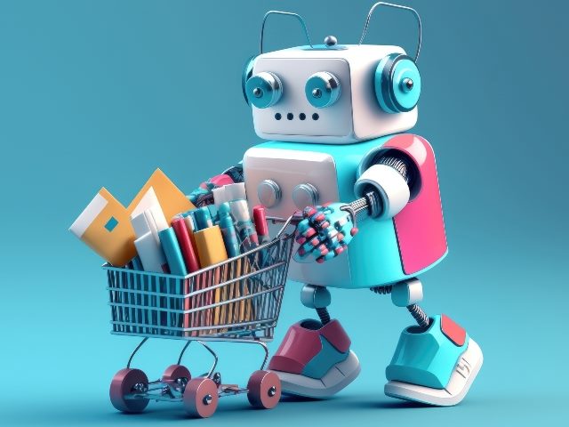 A cute pink and blue robot pushes a shopping cart filled with retail sales items. 