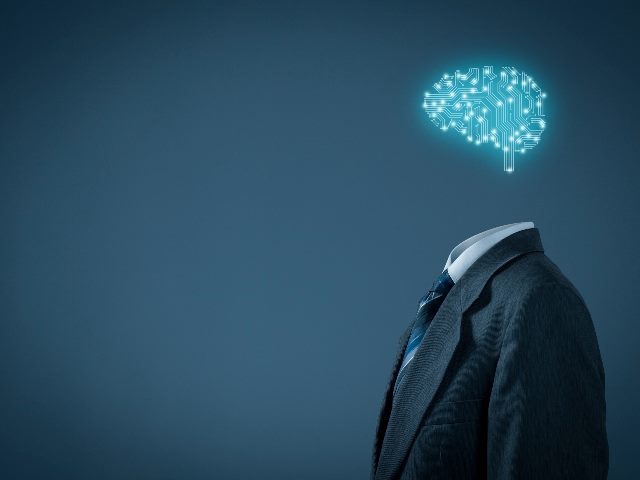 AI brain with a suit on a blue wall