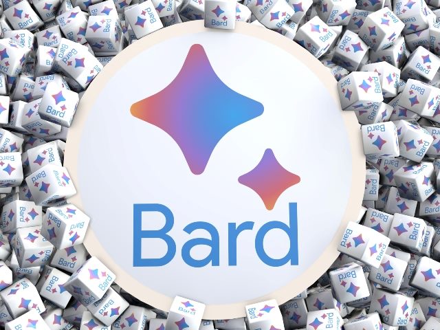 Google Bard four point icon on scattered cubes with the word Bard in light blue and the icon in pink and blue ombre colors.