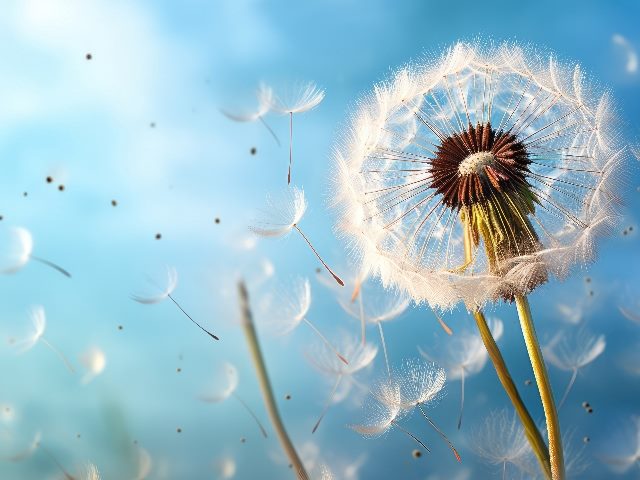 Dandelion seeds releasing from a spent flower and floating in the wind against an hombre blue background, symbolizing the impact of AI in data analysis and marketing and the changing role off the CMO.