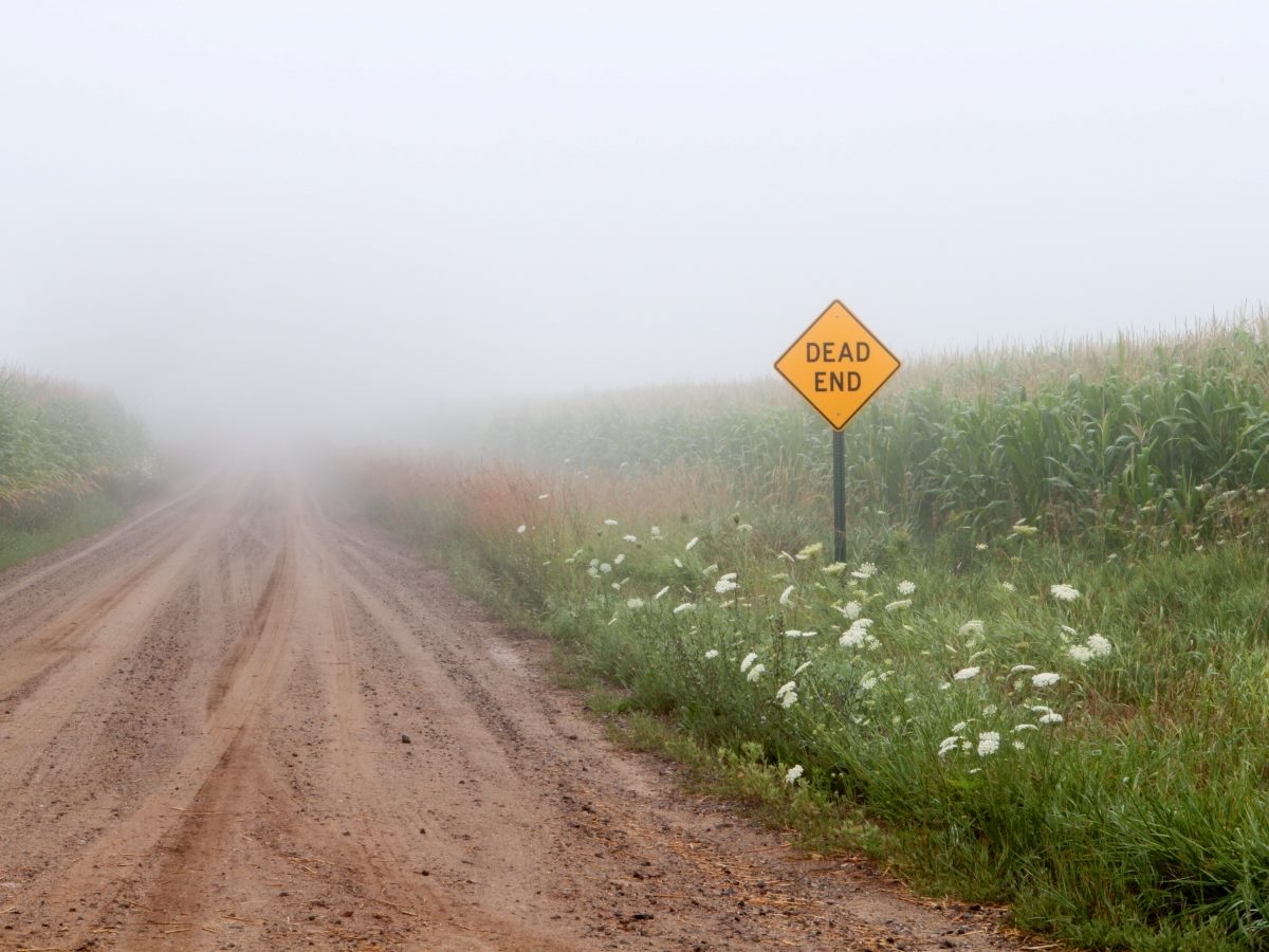 Dead End sign on a foggy dirt road.