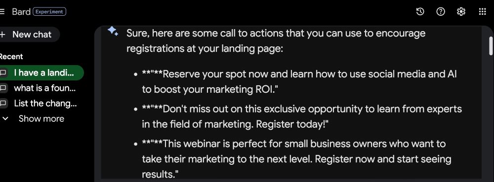 Bard query response as an example of using AI in marketing to enhance calls to action.