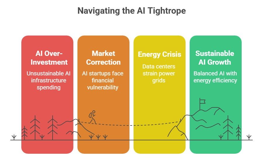 "Infographic titled 'Navigating the AI Tightrope' showing four stages: AI Over-Investment (unsustainable AI infrastructure spending), Market Correction (AI startups face financial vulnerability), Energy Crisis (data centers strain power grids), and Sustainable AI Growth (balanced AI with energy efficiency)."