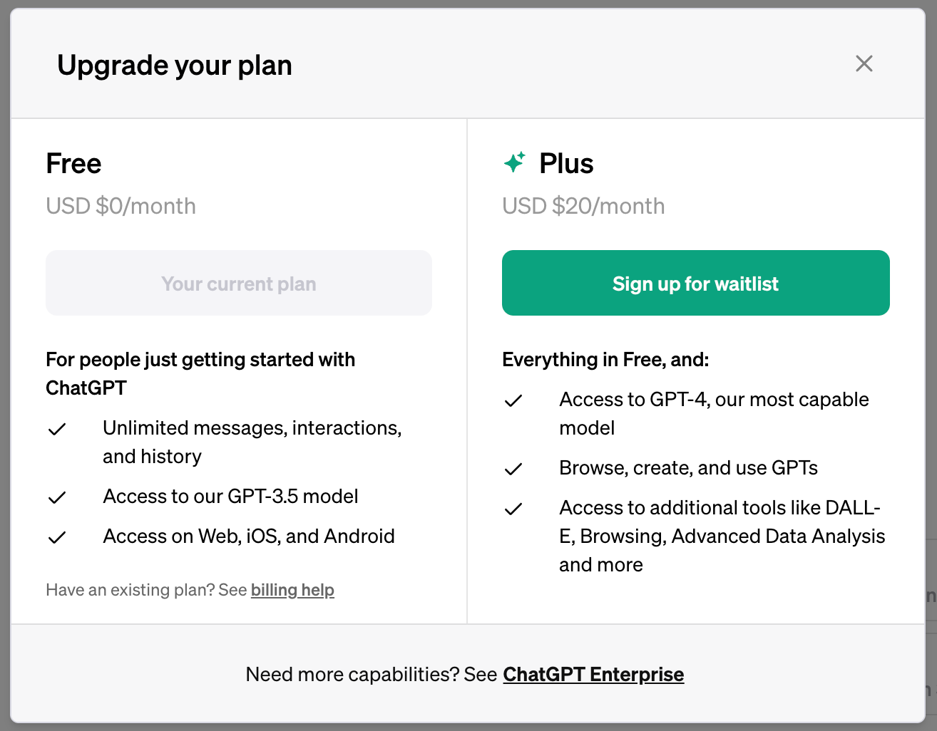 Pop-up box to sign up for ChatGPT Plus waitlist.