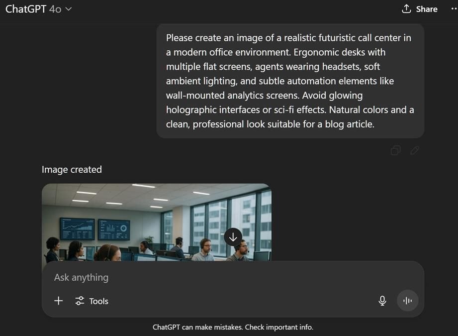 We asked DALL·E to create an image of a realistic futuristic call center in a modern office environment. Ergonomic desks with multiple flat screens, agents wearing headsets, soft ambient lighting, and subtle automation elements like wall‑mounted analytics screens. Avoid glowing holographic interfaces or sci‑fi effects. Natural colors and a clean, professional look suitable for a blog article.