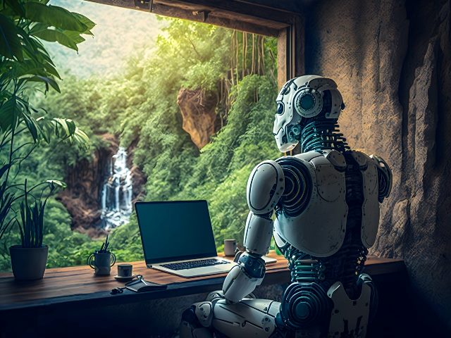 Humanoid robot works at a desktop laptop with a window view of the jungle forest and wildlife. 