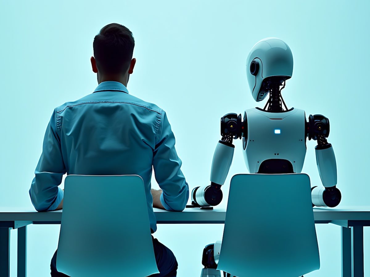 A person sitting next to a robot at a table