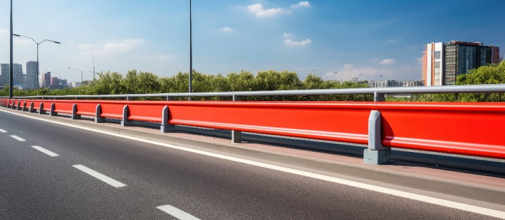 A red guardrail lines a road with building and trees and a blue sky with with clouds in the background in piece about President Joe Biden's AI executive order.