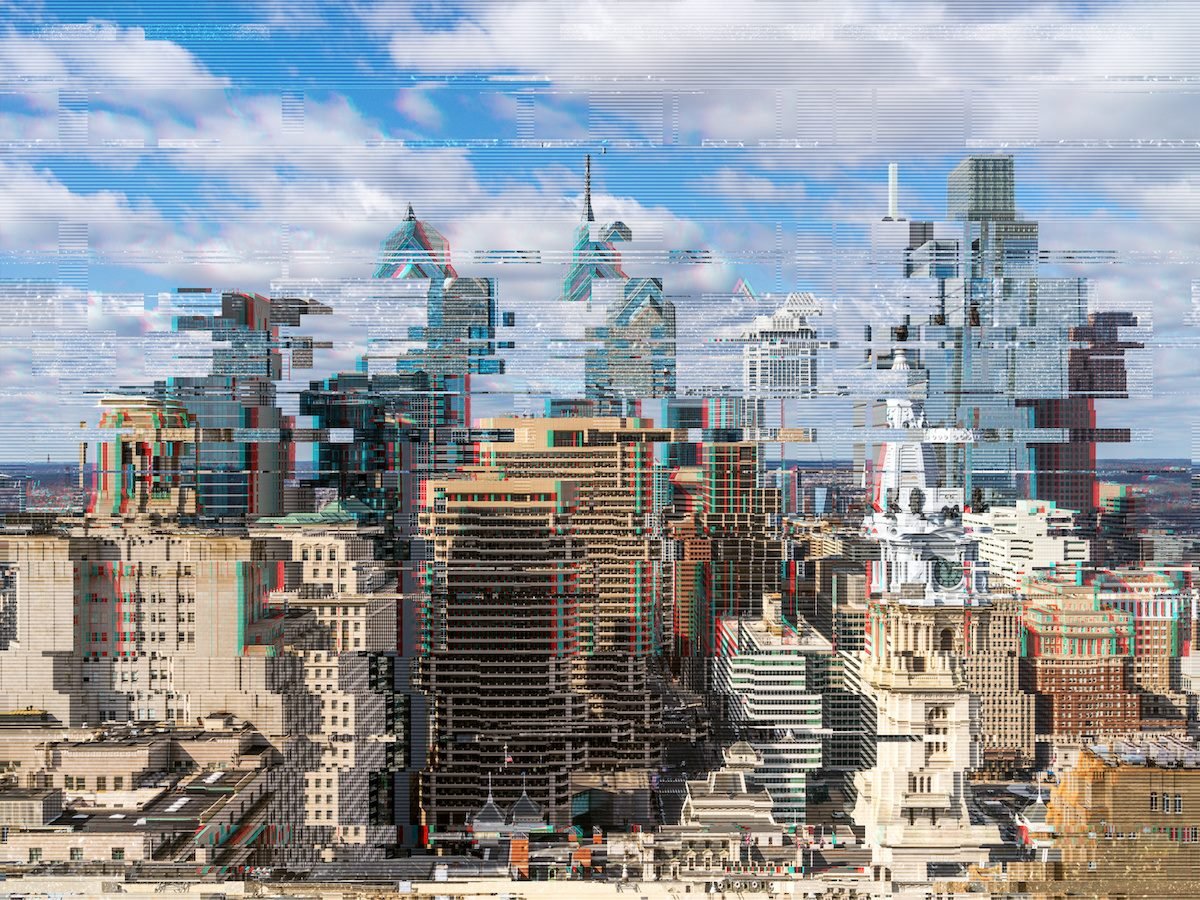 A glitched scene of a cityscape with skyscrapers