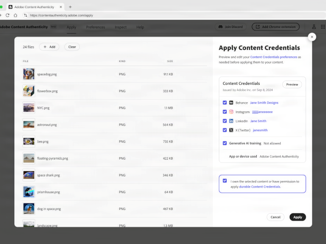 A screenshot of Adobe Content Authenticity web app.