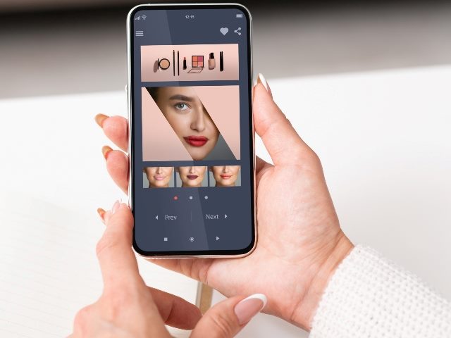 An Augmented Reality Beauty App with Woman Trying Different Lipstick Color Online.