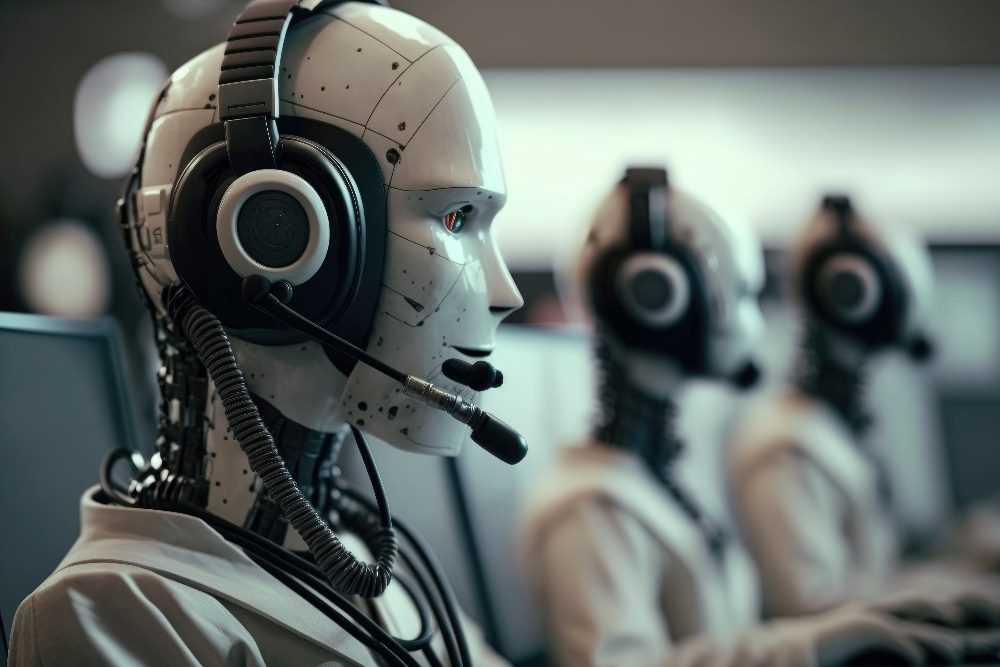 Robots wearing headsets working in a customer contact center in piece about the impact of AI in customer service.