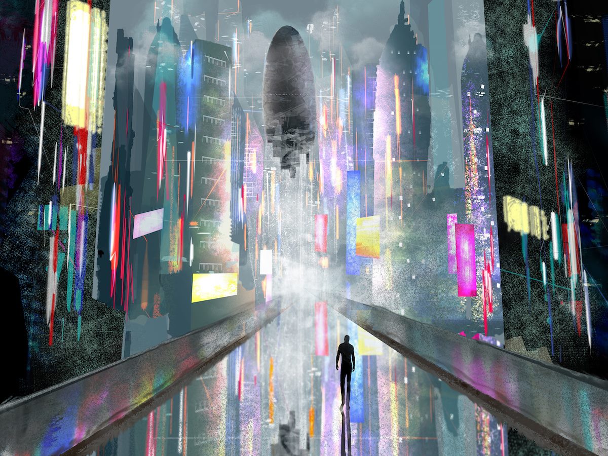 A depiction of a futuristic urban landscape with a silhouette walking down a road/path