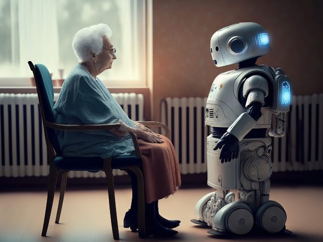 An elderly woman sitting down looking at a robot standing in front of her.