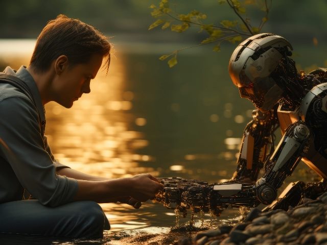 A robot and a human sit along a river bank with the river in the background in a peaceful setting in a piece suggesting the need for ethical AI.