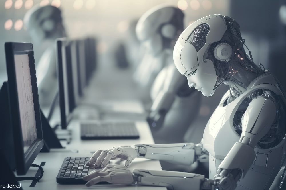 White robot working with laptop, looking at businessman standing near exit door in modern white office background suggesting the use of generative AI enterprise.
