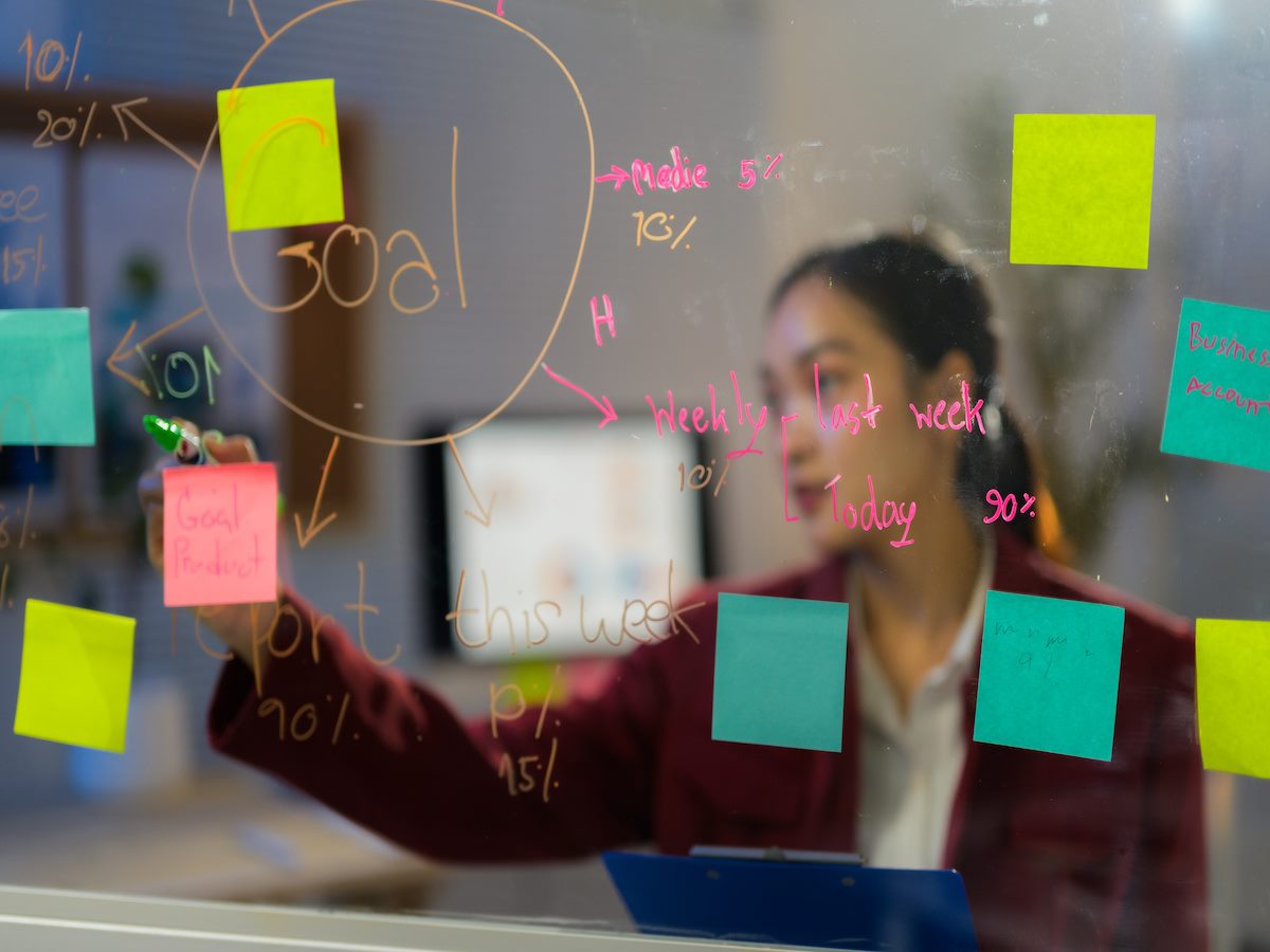 Businesswoman writing notes and developing new strategies on a glass board