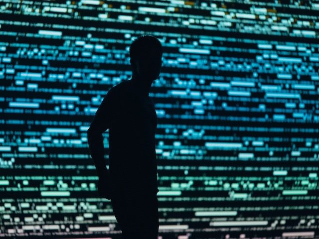 person standing in front of a filled display screen