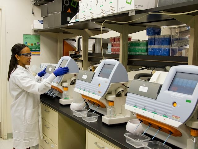 scientist conducting cancer research, sequencing genomes