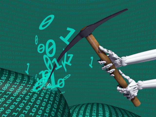 An AI/robot, with pick axe, mining data