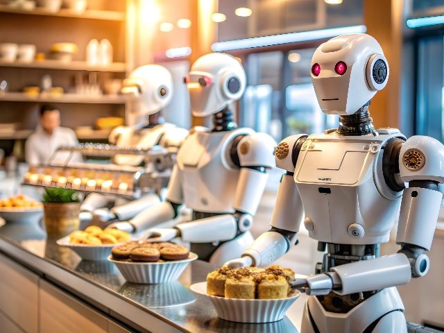Robots serving desserts in cafe, in and image generated by AI by Adnan.