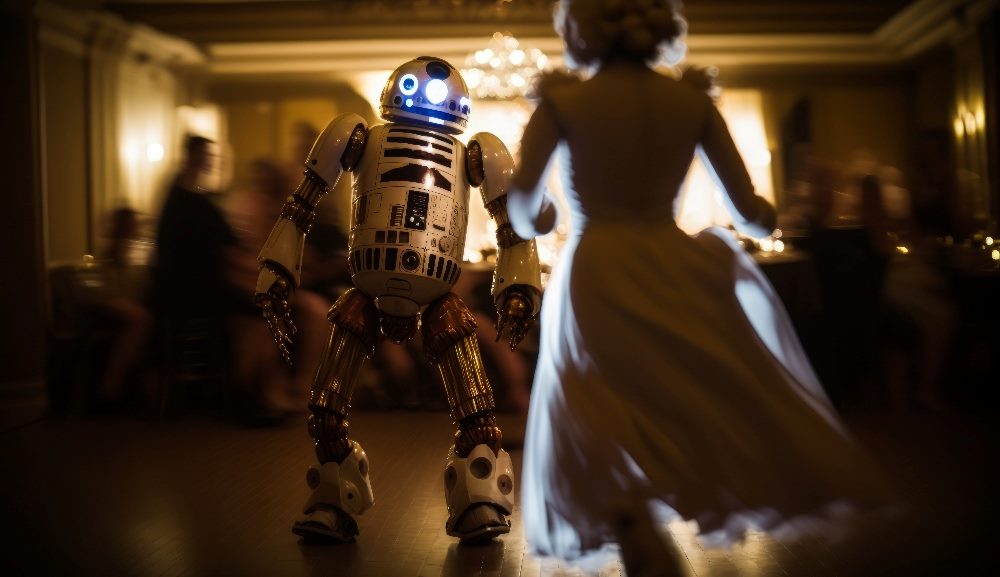 A woman in a flowing dress dances with a robot at a party, indicating the importance of AI in customer experience and employee experience.
