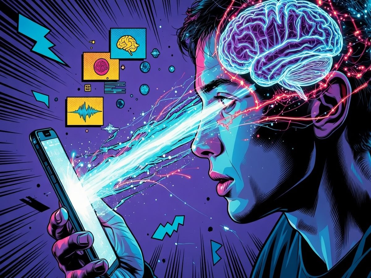 A person looking at a smartphone that is "reading his mind" 