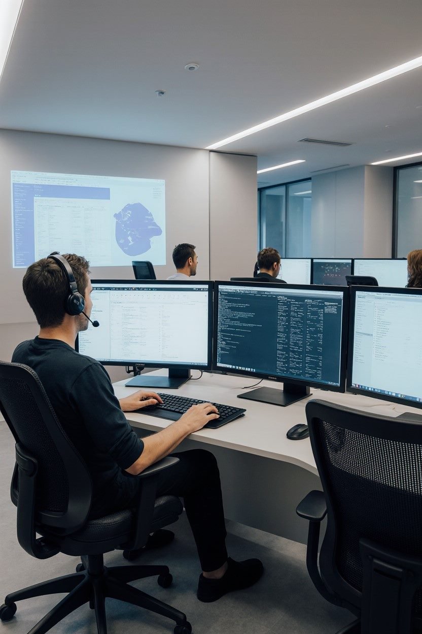 The image we created from Krea (one out of several choices) portrays a modern call center with a realistic, professional atmosphere.