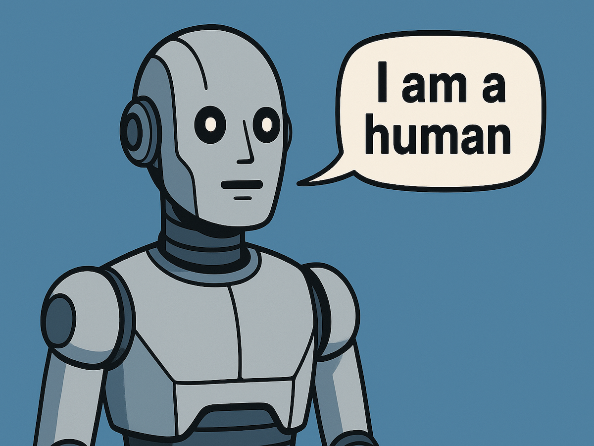 A robot with a text bubble that says "I am a human."