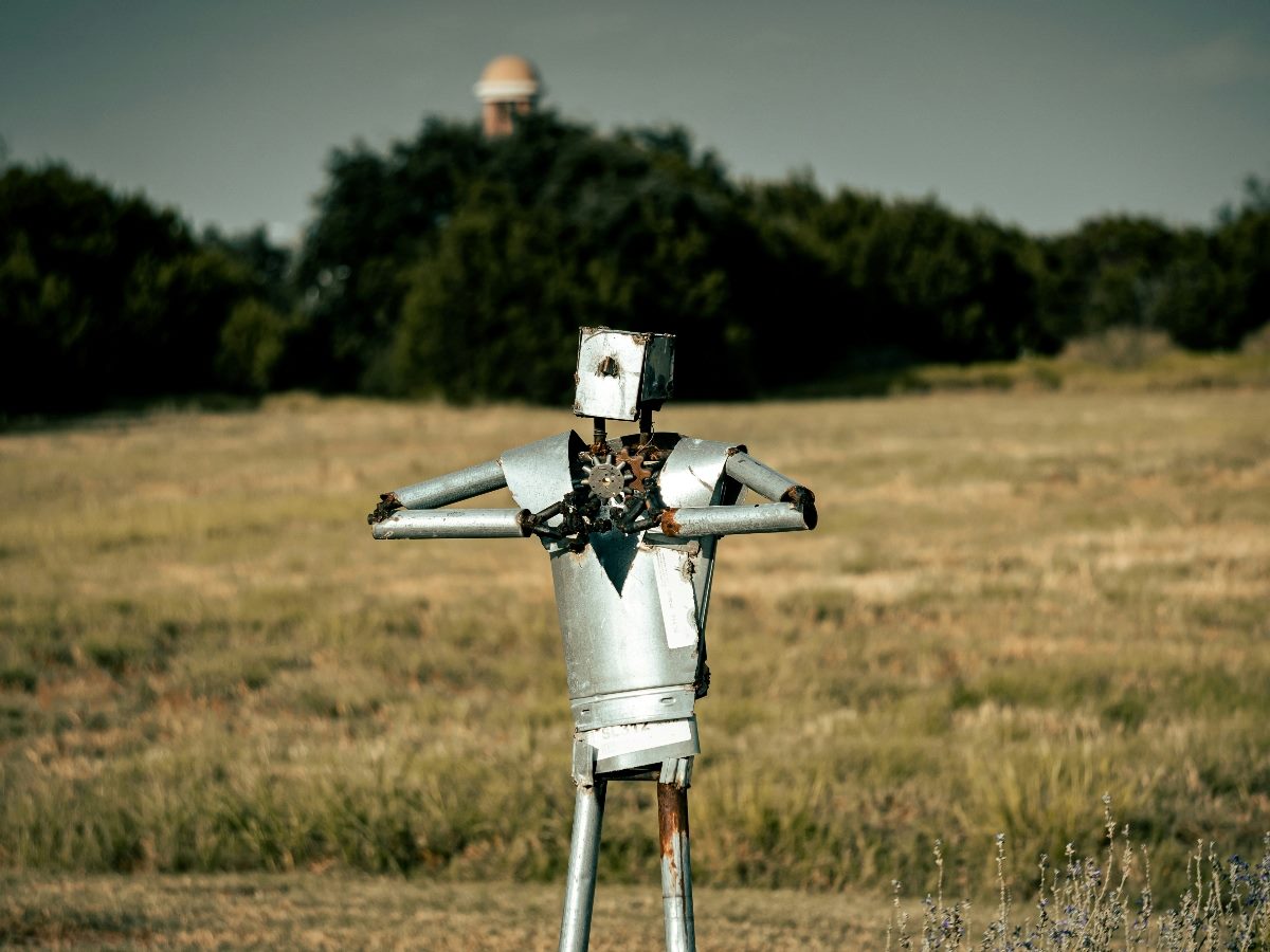 Robotic structure in the shape of a human being in a grassy field.