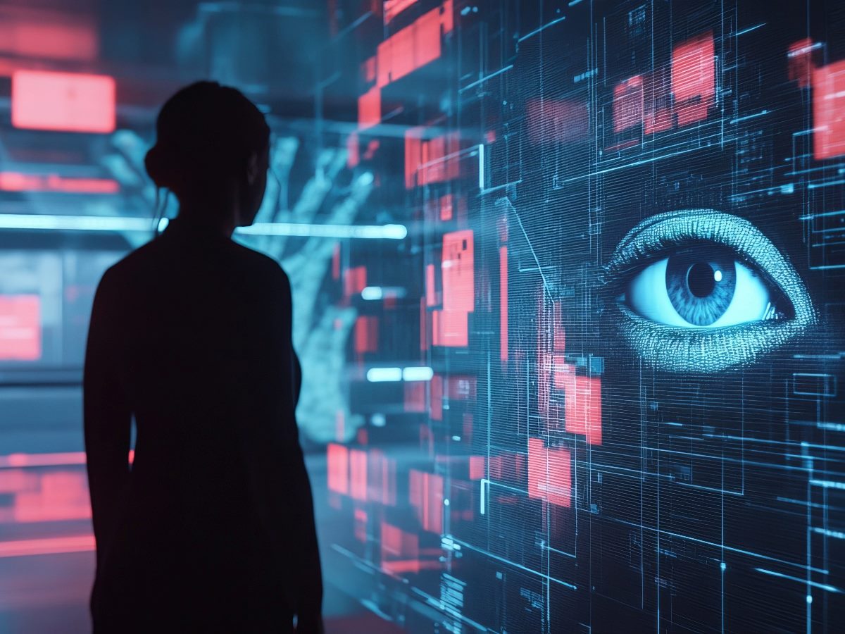 Woman looking into an eye reflection on a wall with digital lights surrounding them.