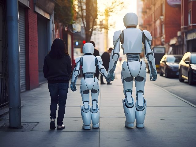 Humanoid robots -- two of them -- on a walk street city with a human.  