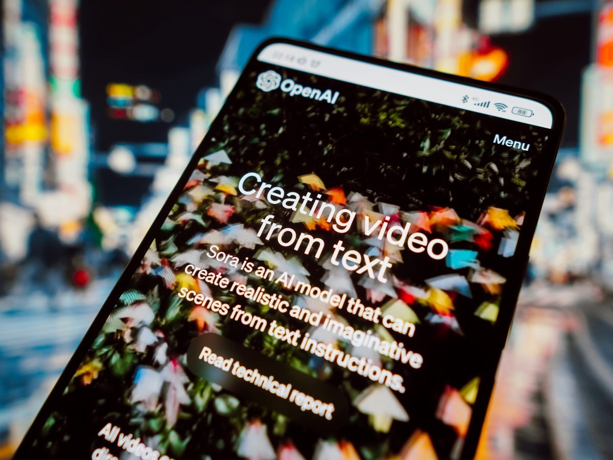 A smartphone screen displaying the OpenAI website page about Sora, an AI model that creates realistic video from text, with colorful abstract visuals blurred in the background.