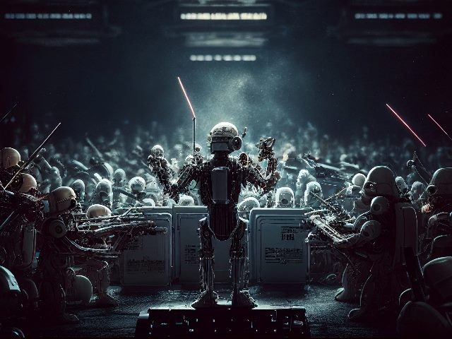 A robot conductor leads a robot orchestra in piece about AI in customer journey mapping and orchestration. 