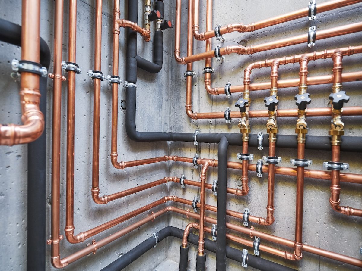 copper pipeline of a heating system in boiler room
