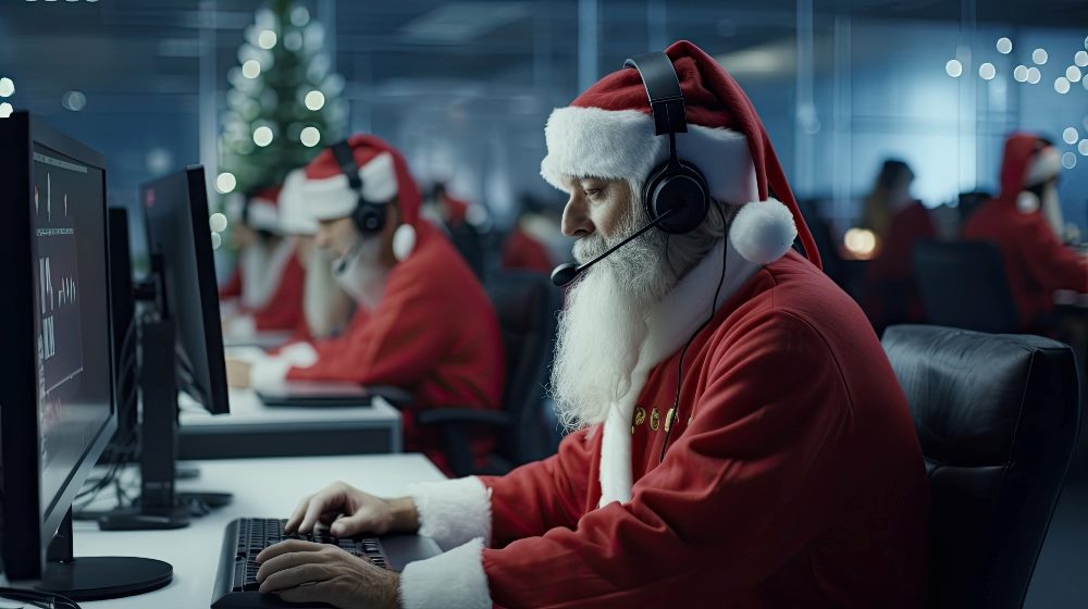 Customer service agents dressed in Santa costumes and wearing headsets suggest the importance of customer service strategies during the holiday shopping season.
