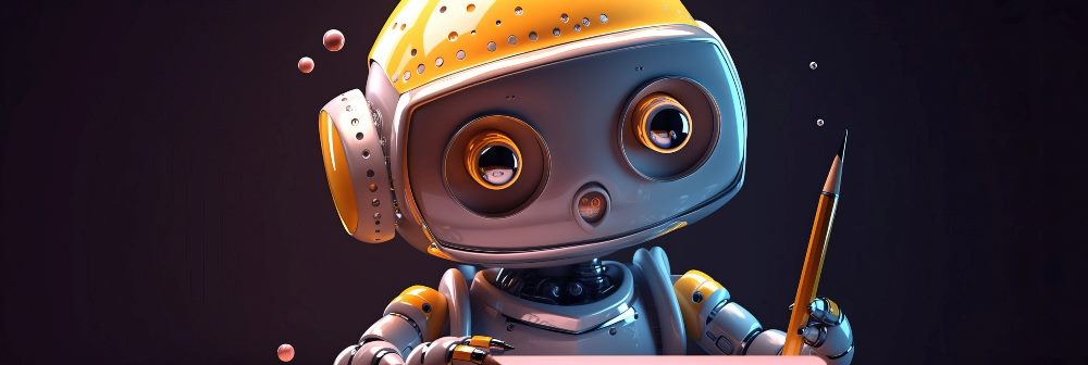 A cute golden-orange robot appears to be thinking and writing on a black background.