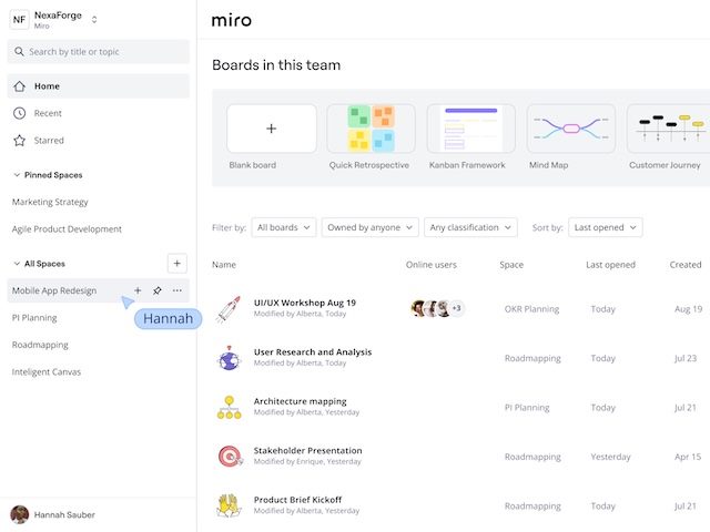 one view of Miro's Innovation Workspace: Spaces Streamlining Workflows