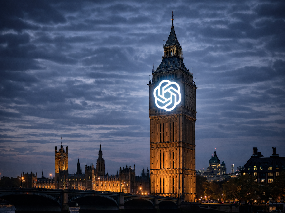 The OpenAI logo on Big Ben in London