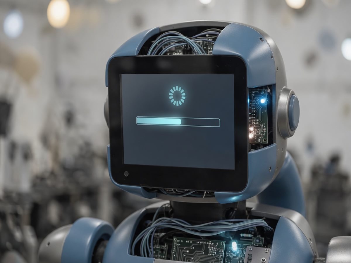 A robot with a loading screen on its face