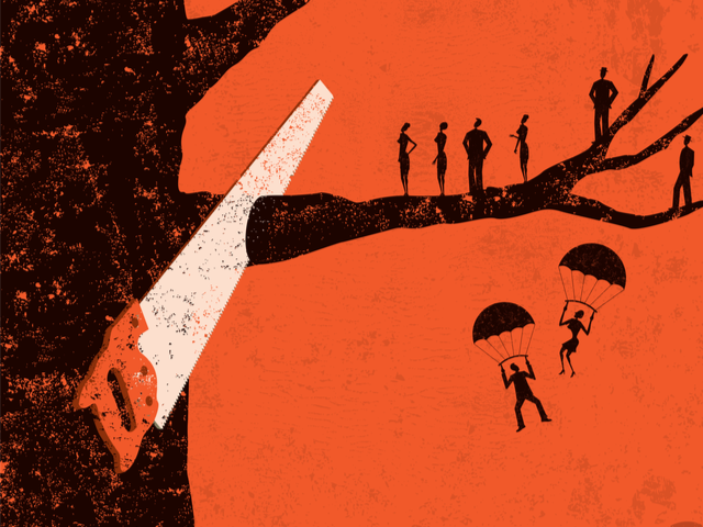 People parachuting off a branch as it's being cut off - offsetting job less through upskilling concept