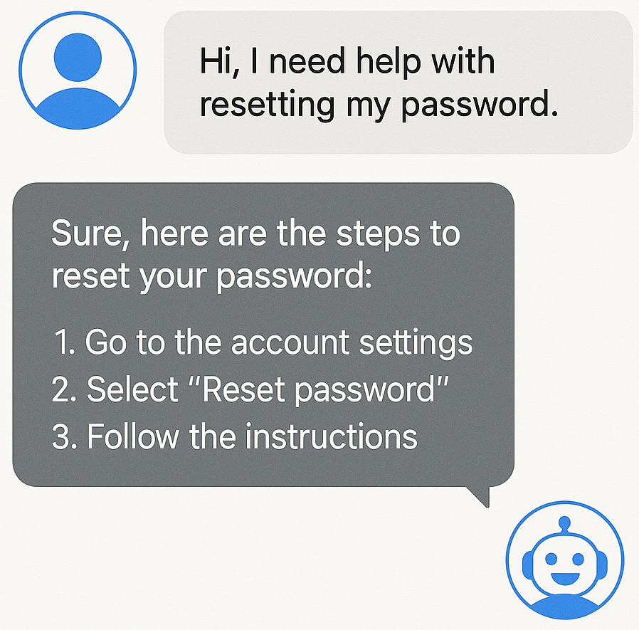 A depiction of a customer service AI chatbot walking a customer through how to reset their password