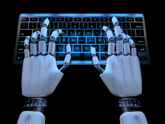 Robot hands typing on a keyboard