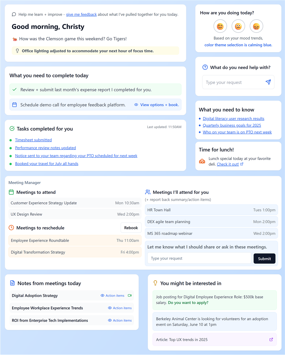 a mockup of what a personalized, AI-powered intranet "front door" could deliver